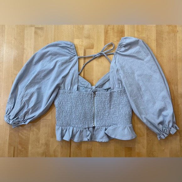 Mable Light Blue Bow Detail Cut Out Puff Sleeve Crop Top - Picture 2 of 5